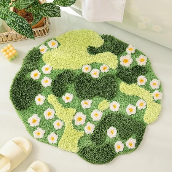 Moss Bath Mat Green Bathroom Rug with Small White Flowers Non Slip Door Mat for - Picture 1 of 9
